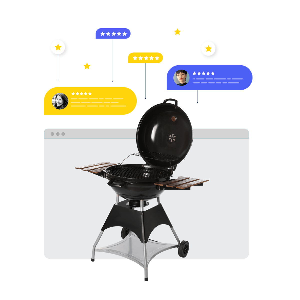 A grill, with a gray product page display outline and rating and review bubble and stars floating in the back.