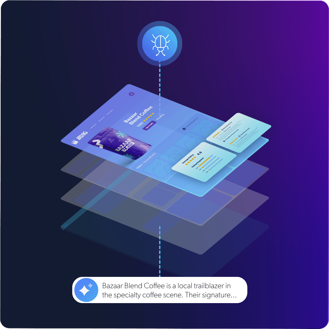 An isometric graphic illustrating an API extracting data from an e-commerce product page for "Bazaar Blend Coffee" and generating a polished AI summary at the bottom