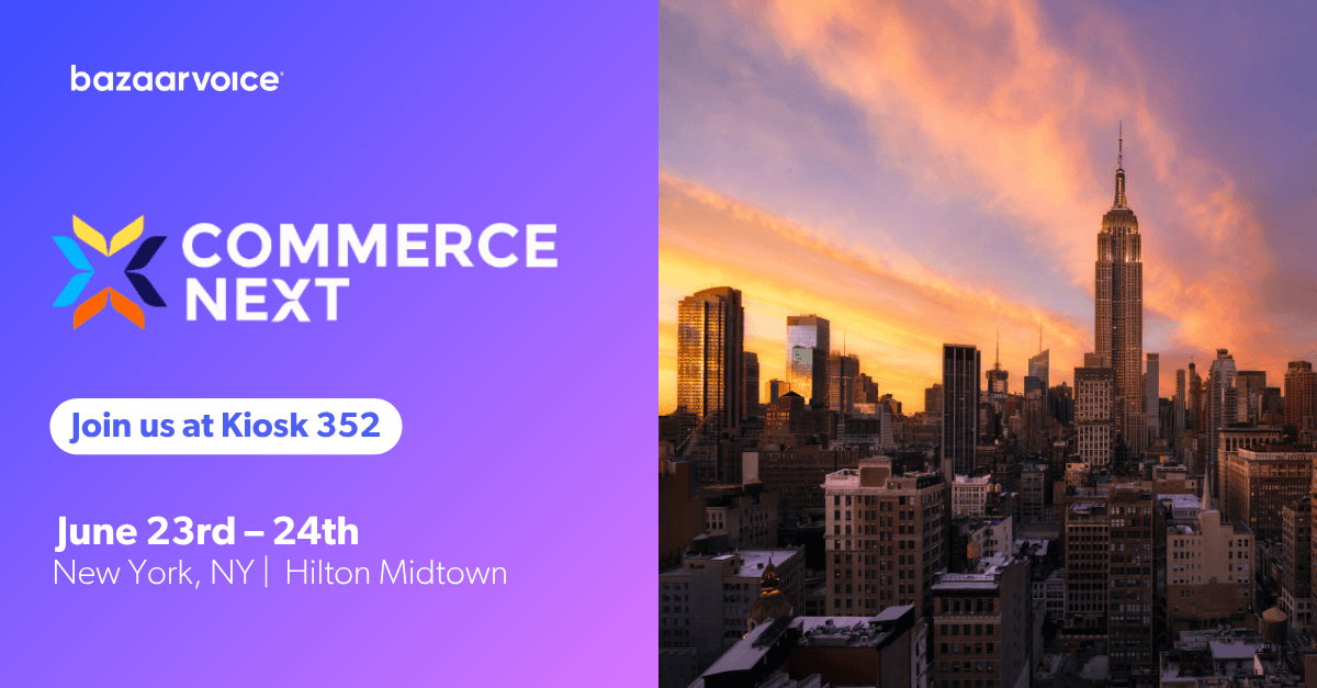 An event promo graphic for CommerceNext, co-branded with Bazaarvoice. The left side has a purple background featuring the event logo, details reading "June 23rd–24th, New York, NY | Hilton Midtown," and a call-to-action button that says "Join us at Kiosk 352." The right side features a photograph of the New York City skyline, showcasing the Empire State Building against a bright orange and yellow sunset.