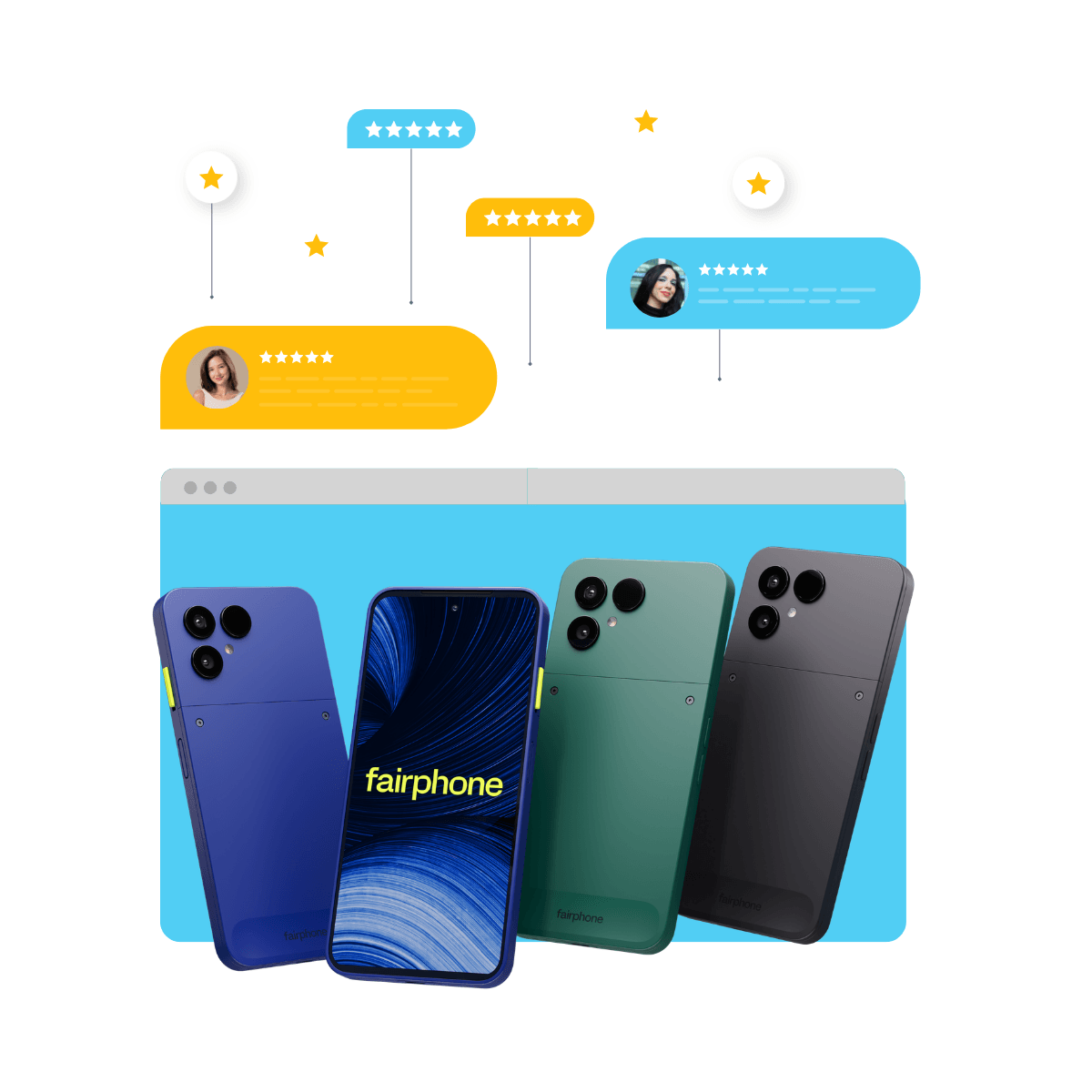 Fairphone smartphones in blue, green, and black, with illustrated customer reviews and five-star ratings floating above them.