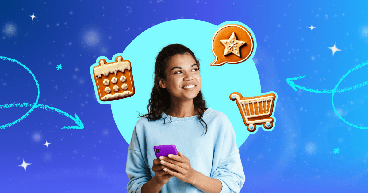 A person carrying a phone with holiday themed icons.