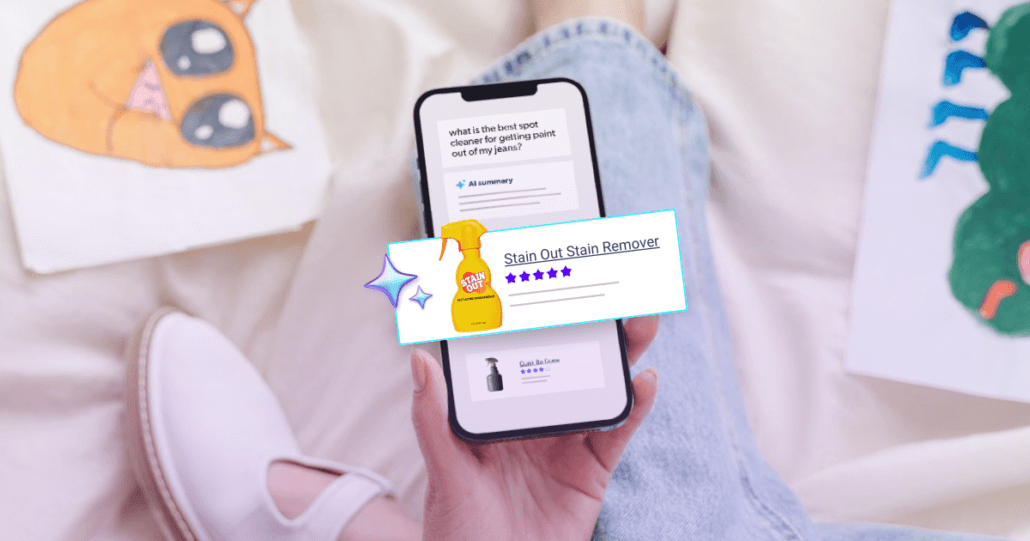 A phone showing a product showing up in an AI summary.
