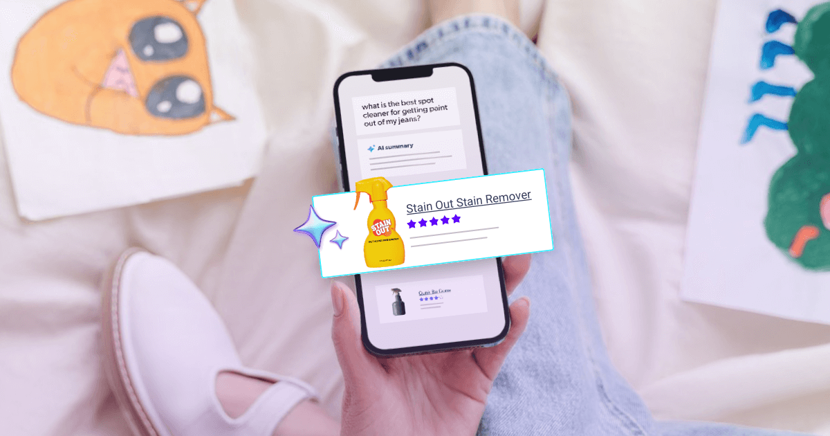 A phone showing a product showing up in an AI summary.