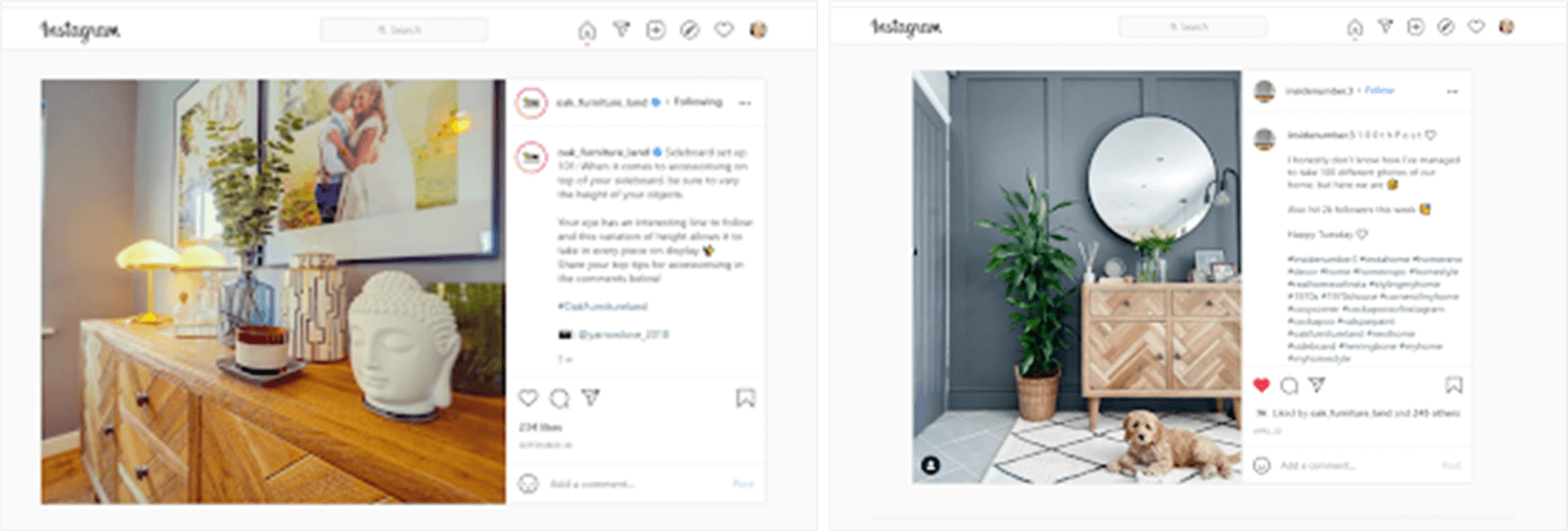 Publications Instagram présentant les produits Oak Furnitureland