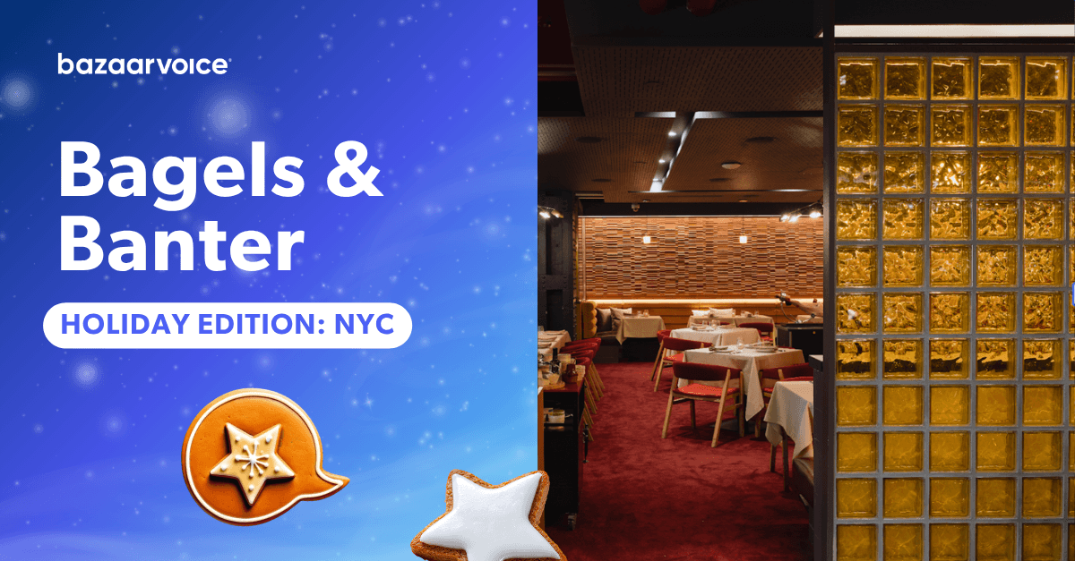 An event invitation graphic for Bazaarvoice's "Bagels & Banter" event. The left side features a snowy blue background with text that reads "Bagels & Banter" and a button label that says "HOLIDAY EDITION: NYC." The bottom left corner includes illustrations of a circular gingerbread cookie shaped like a speech bubble with a star inside, and a star-shaped cookie with white icing. The right side shows a photograph of a dimly lit restaurant interior with red carpeting, tables set with white tablecloths and red chairs, and a gold-colored glass block privacy wall in the foreground.