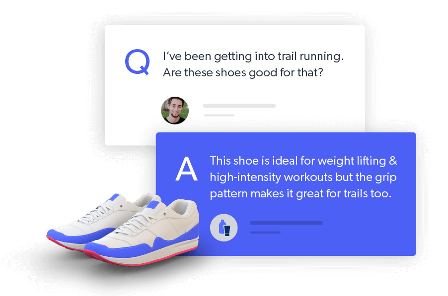 Image of a shoe. Customer asking a question. Brand providing an answer. 