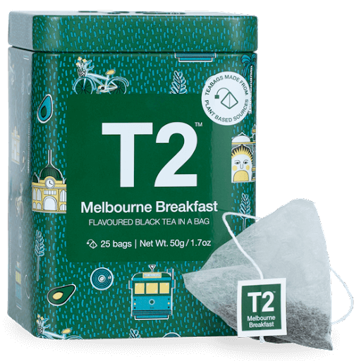 T2墨尔本锡早餐茶的茶叶形象,用于Bazaarvoice客户的故事