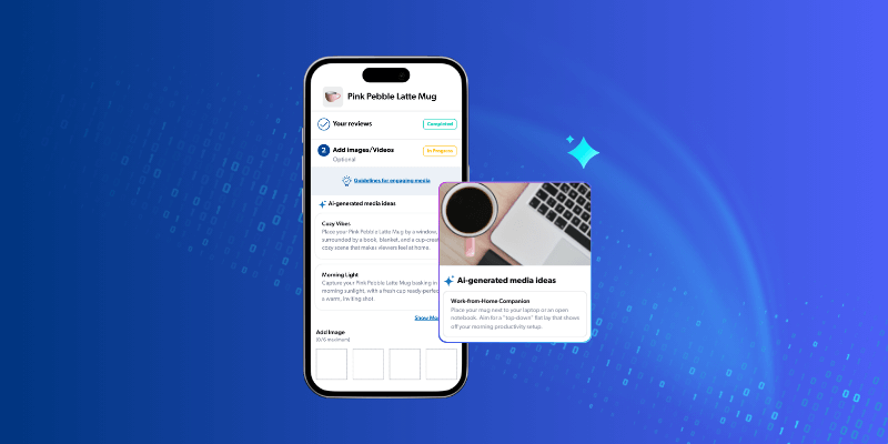 AI generated media ideas pop out from a cellphone with a review request form.