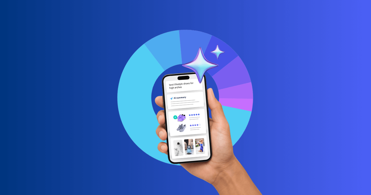 A hand holding a phone inside a donut chart.