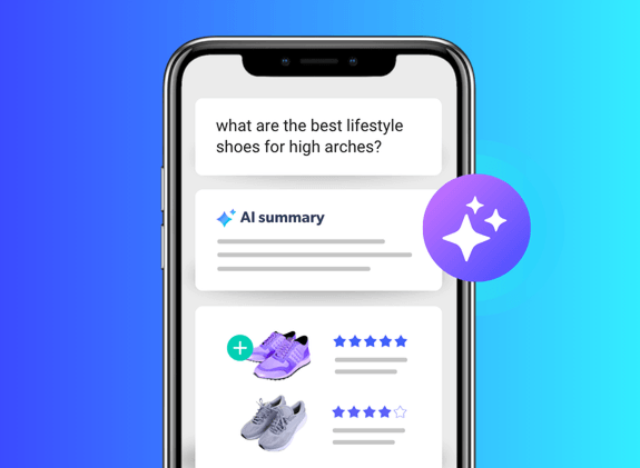 Smartphone mockup showing a mobile search query asking "what are the best lifestyle shoes for high arches?", featuring an AI summary result and recommended footwear listings with star ratings.