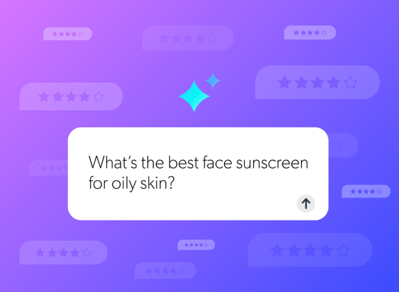 Graphic showing a prompt bubble asking "What's the best face sunscreen for oily skin?" with a submit arrow, set against a purple background with floating five-star rating review badges.