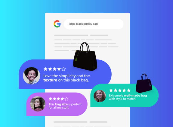 Google search bar with the query "large black quality bag" displaying a black tote bag product, overlaid with customer review badges highlighting keywords like "texture," "bag size," and "well-made."