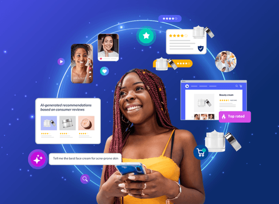 Smiling woman holding a smartphone surrounded by an orbital network of AI recommendations for "best face cream for acne-prone skin," star ratings, user photos, and e-commerce beauty cream listings.