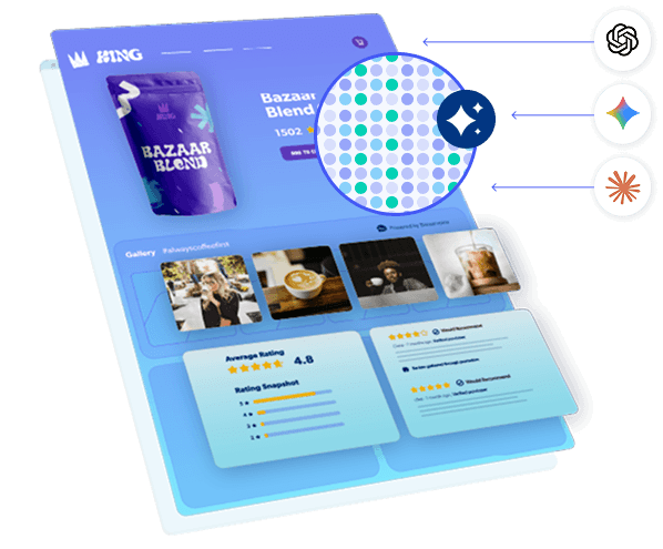 An angled digital UI mockup displaying an e-commerce page for "Bazaar Blend" coffee with product photos, ratings, and AI tool icons floating on the right side.