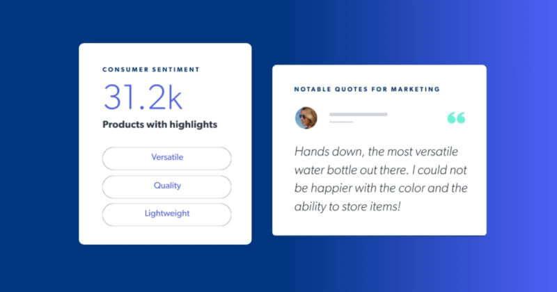 E-commerce analytics dashboard showing 31.2k consumer sentiment highlights and actionable marketing quotes.