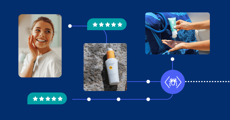 Diagram of user-generated content for skincare featuring five-star reviews, customer photos applying facial sunscreen, product shots, and web crawler indexing nodes.