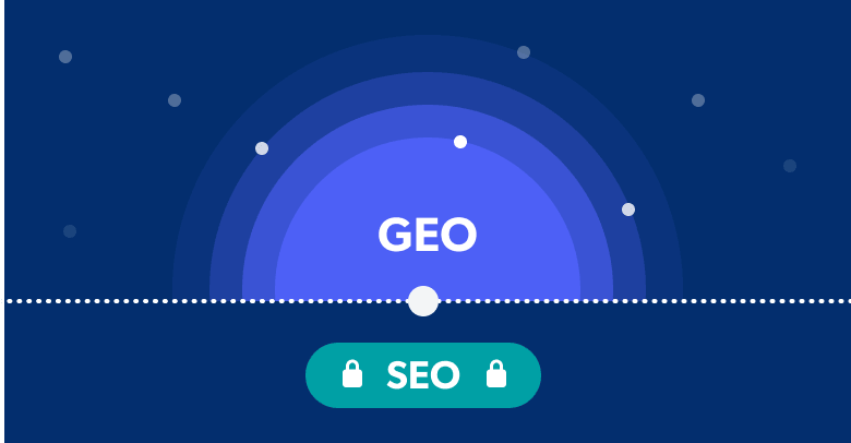 Graphic displaying the text GEO above locked SEO icon badge, illustrating Generative Engine Optimization expertise add-on.