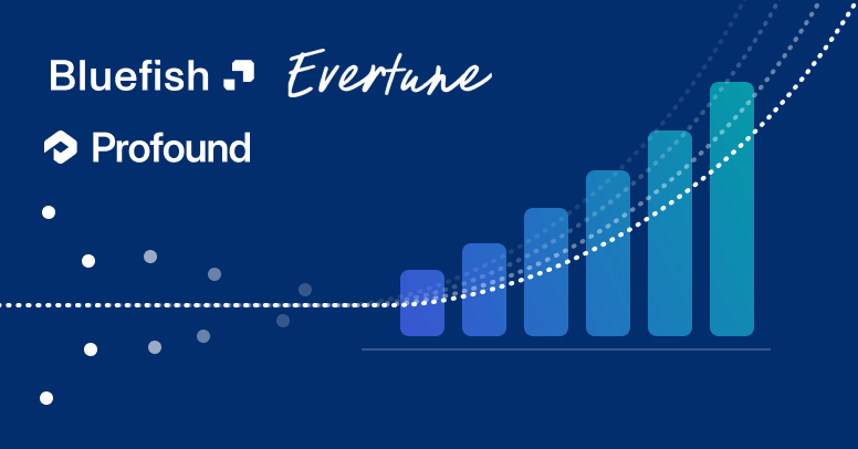 Graphic showing upward-trending bar chart with partner logos Bluefish, Evertune, and Profound, illustrating growth momentum and ongoing partnership enhancements.