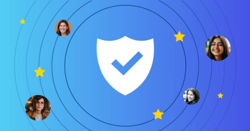 A white shield icon with a checkmark centered in a ripple effect, surrounded by customer avatars and gold stars, symbolizing review authenticity and verified content.