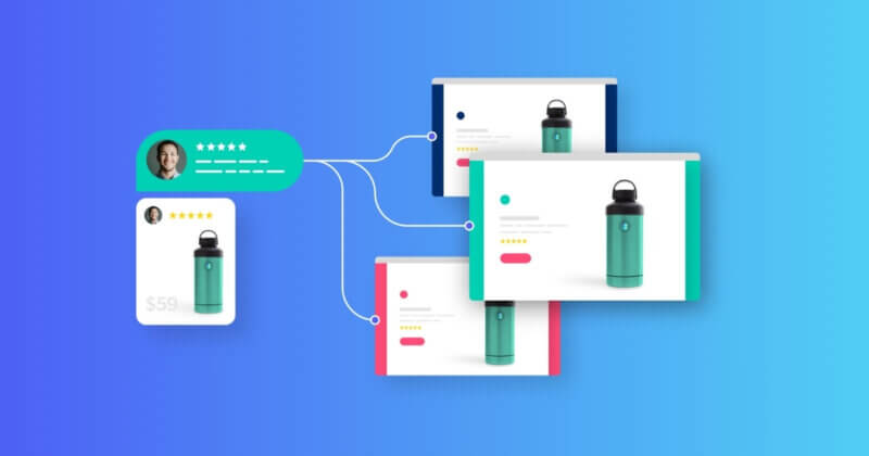 A product rating and review for a water bottle being syndicated across a network of different retailer websites.