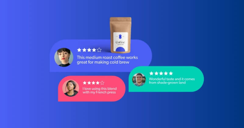 An illustration of a coffee product sampling program, featuring a bag of coffee surrounded by three distinct customer review callouts with star ratings and feedback on taste and brewing methods.