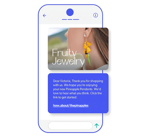 Cellophone with a text message requesting a review. Image of a woman side profile featuring a long yellow feather earing. Message below that requesting the review for the earing.